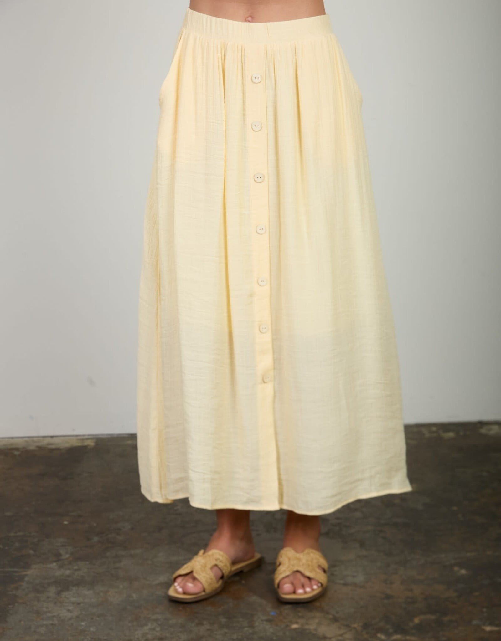 Miss Bliss Blu Textured Front Button Detail Midi Skirt-Butter Yellow