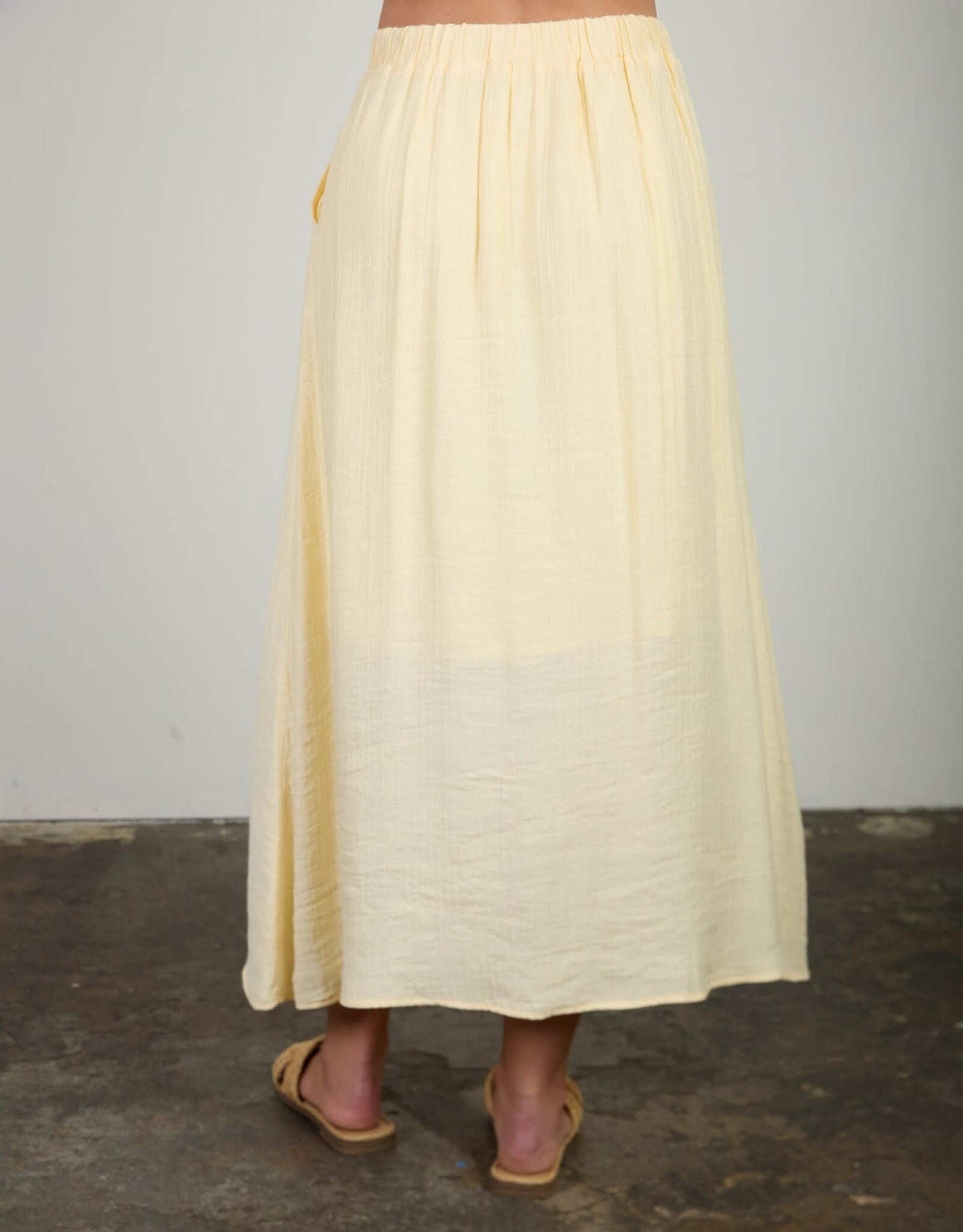 Miss Bliss Blu Textured Front Button Detail Midi Skirt-Butter Yellow