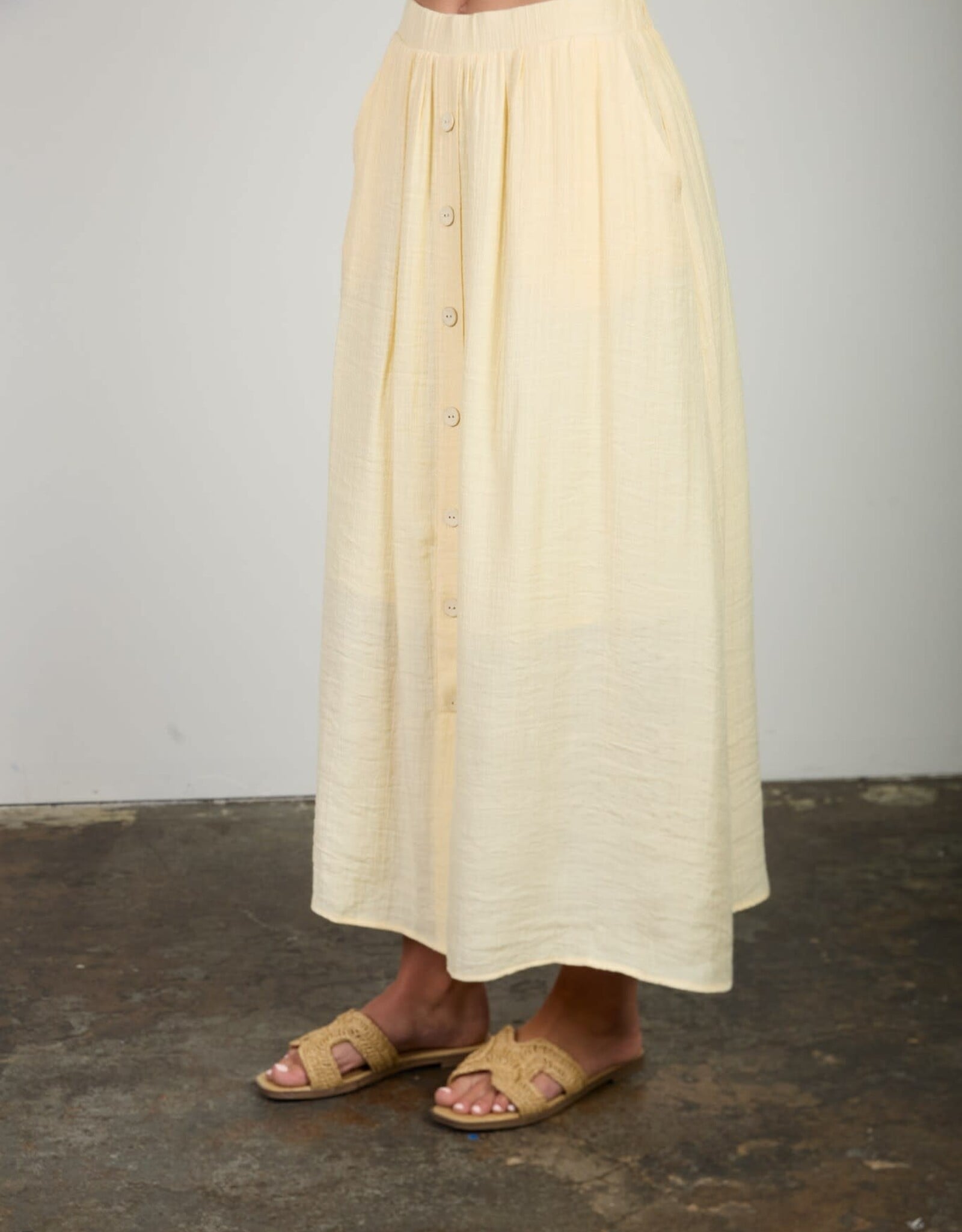 Miss Bliss Blu Textured Front Button Detail Midi Skirt-Butter Yellow