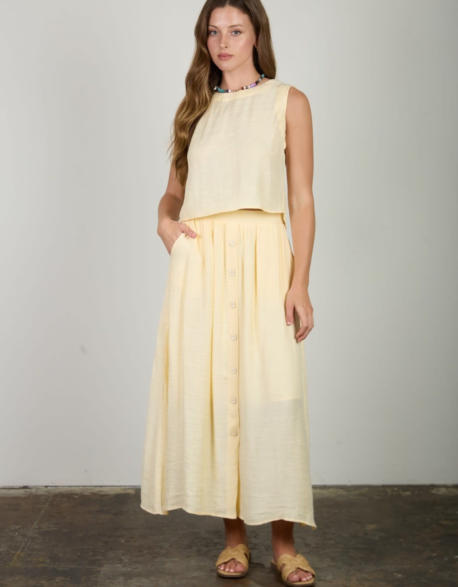 Miss Bliss Blu Textured Front Button Detail Midi Skirt-Butter Yellow
