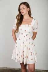Miss Bliss Blu Floral Sqr Neck Puff Slv Tiered Mini Dress- Ivory