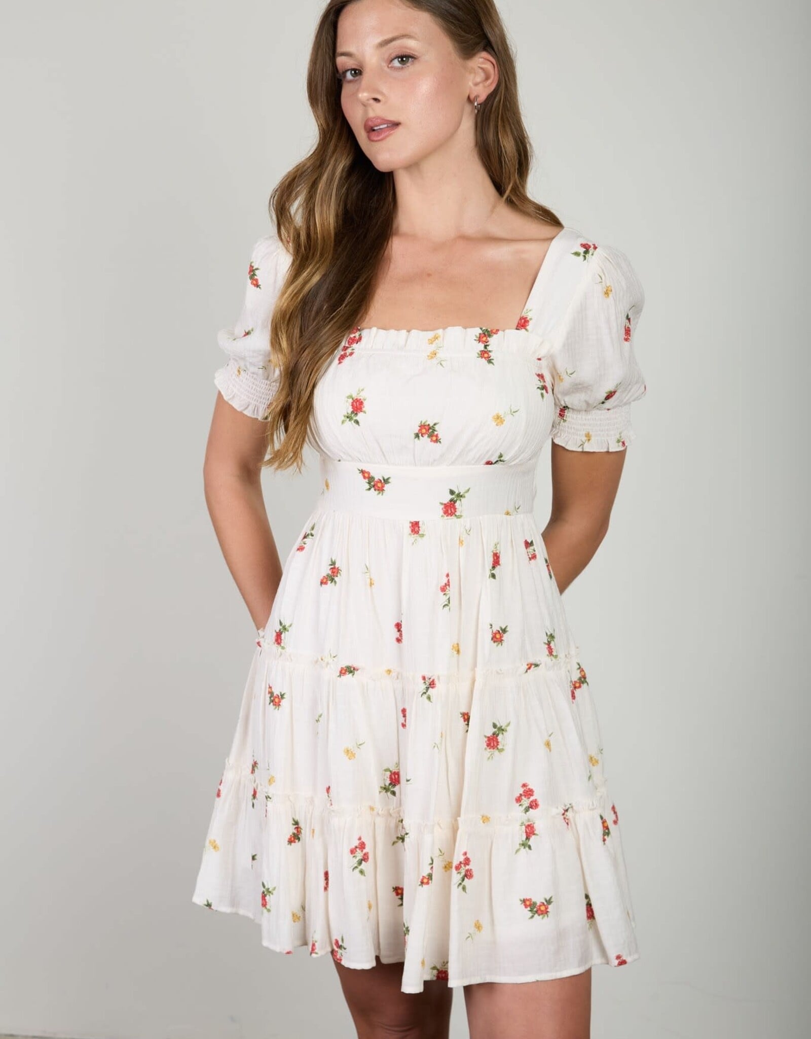 Miss Bliss Blu Floral Sqr Neck Puff Slv Tiered Mini Dress- Ivory