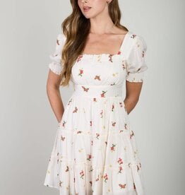Miss Bliss Blu Floral Sqr Neck Puff Slv Tiered Mini Dress- Ivory