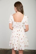 Miss Bliss Blu Floral Sqr Neck Puff Slv Tiered Mini Dress- Ivory