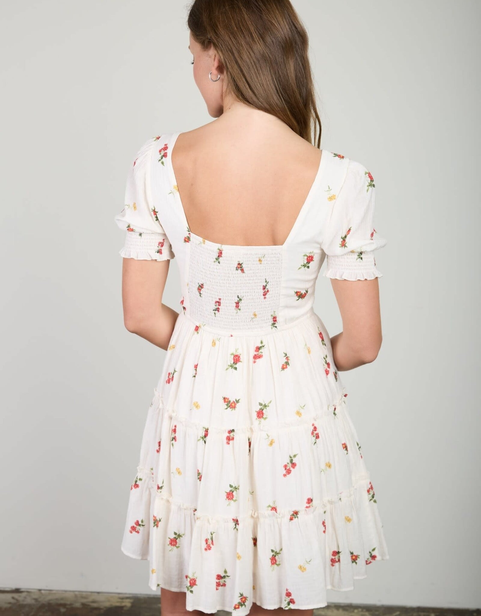 Miss Bliss Blu Floral Sqr Neck Puff Slv Tiered Mini Dress- Ivory