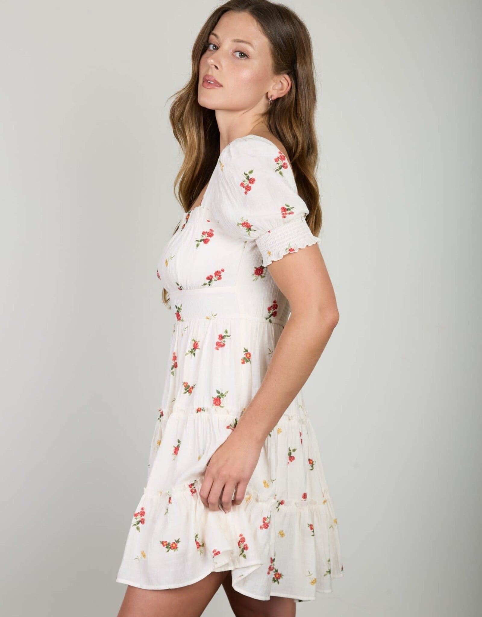 Miss Bliss Blu Floral Sqr Neck Puff Slv Tiered Mini Dress- Ivory