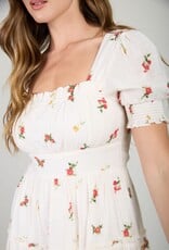 Miss Bliss Blu Floral Sqr Neck Puff Slv Tiered Mini Dress- Ivory