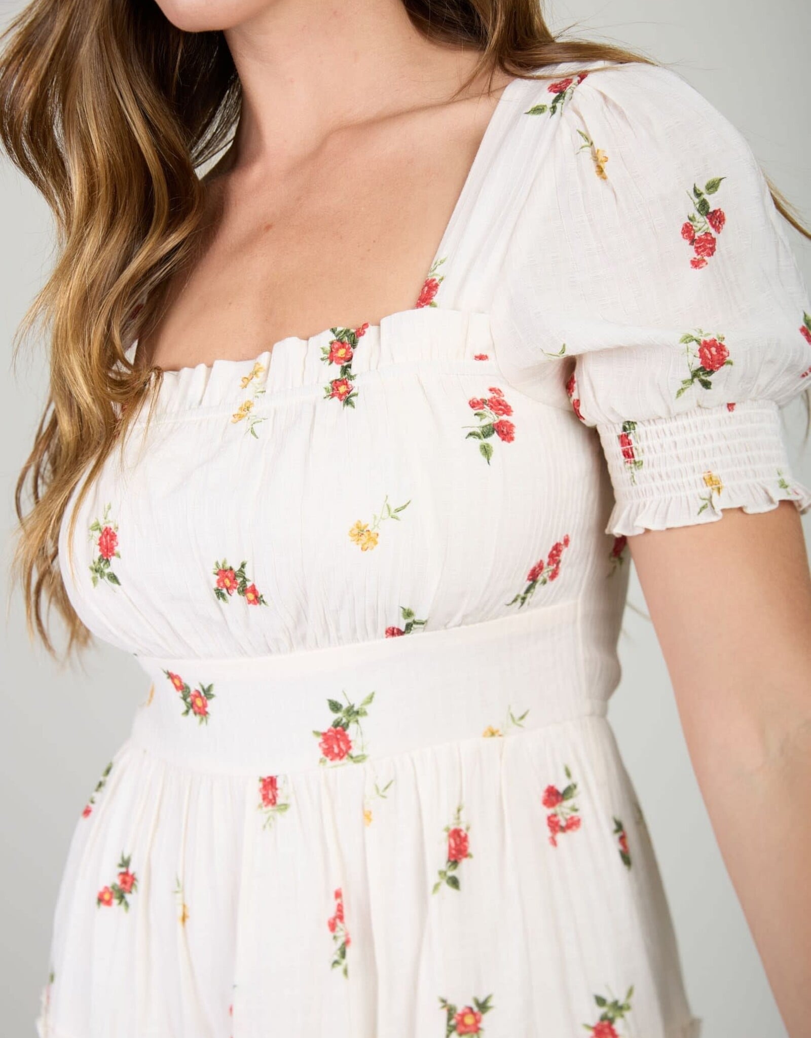 Miss Bliss Blu Floral Sqr Neck Puff Slv Tiered Mini Dress- Ivory