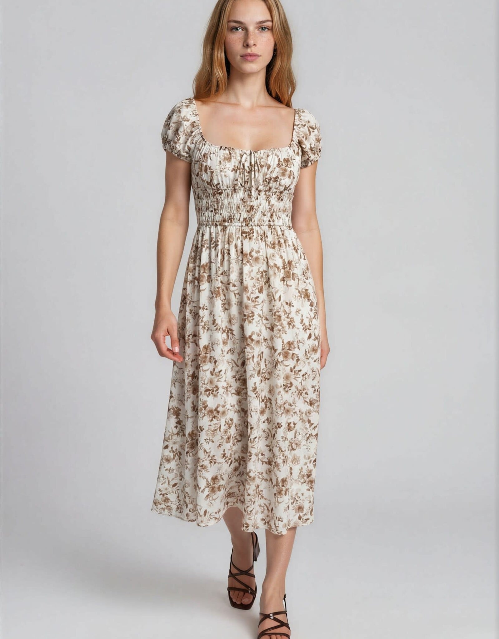 Miss Bliss Blu Floral Toile Front Tie SSMidi Dress-Brown/Ivory