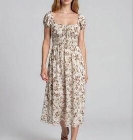 Miss Bliss Blu Floral Toile Front Tie SSMidi Dress-Brown/Ivory
