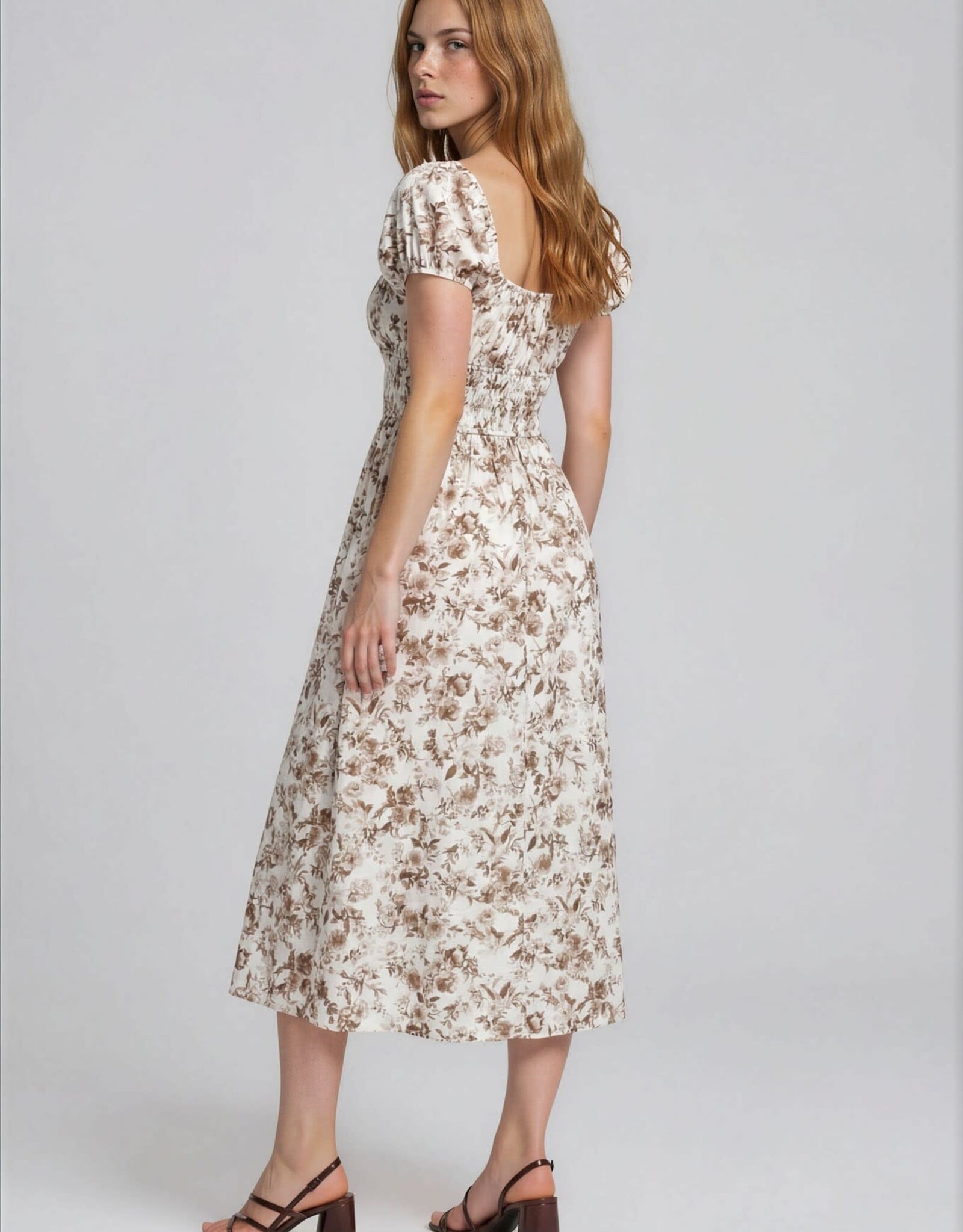 Miss Bliss Blu Floral Toile Front Tie SSMidi Dress-Brown/Ivory