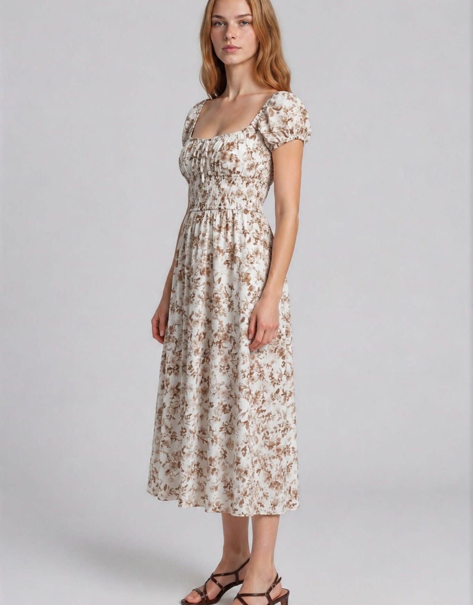 Miss Bliss Blu Floral Toile Front Tie SSMidi Dress-Brown/Ivory