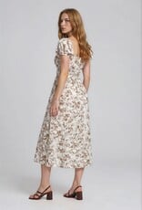 Miss Bliss Blu Floral Toile Front Tie SSMidi Dress-Brown/Ivory