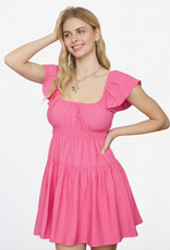Miss Bliss Blu Shirred Flounce Sleeve Mini Dress- Hot Pink
