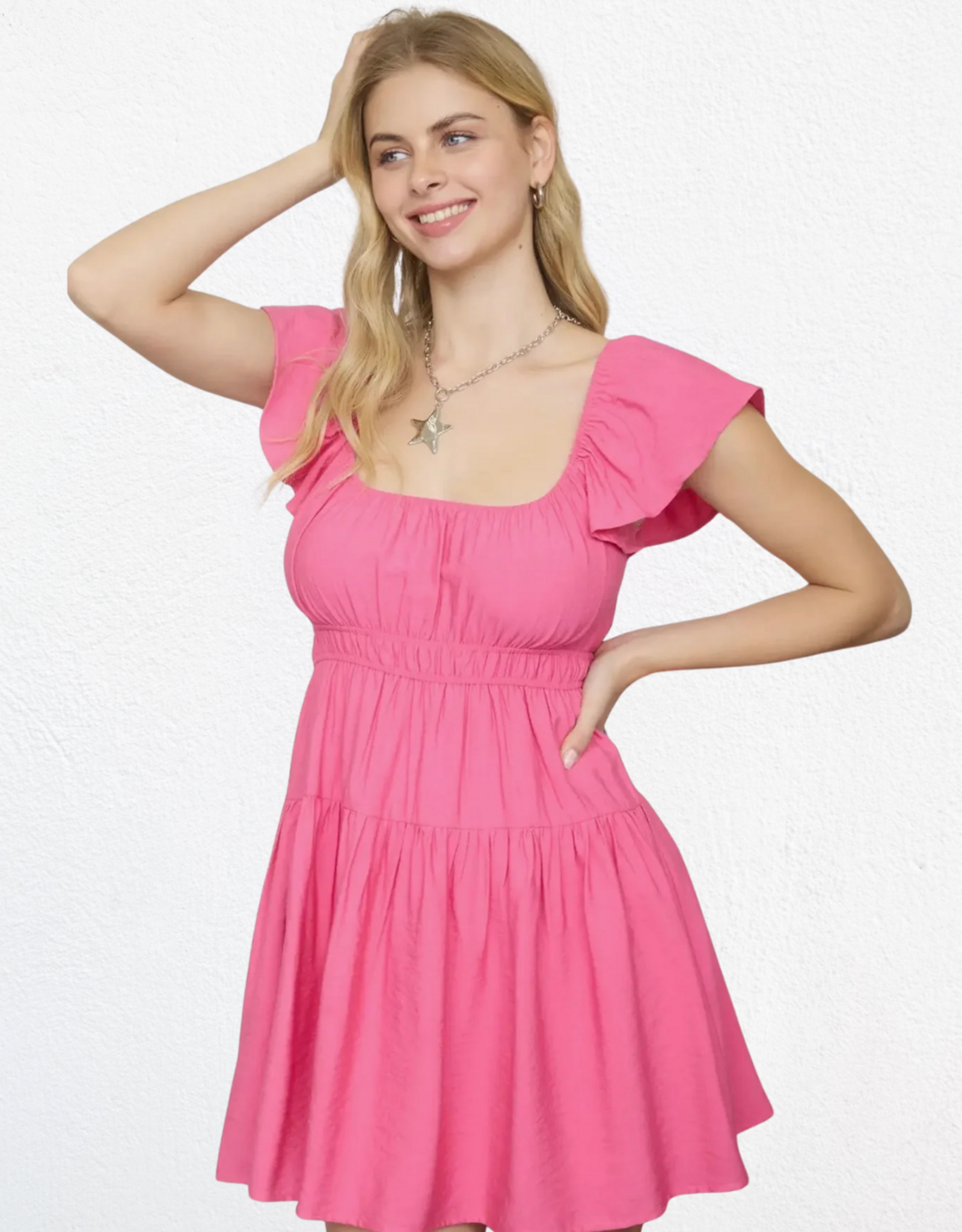 Miss Bliss Blu Shirred Flounce Sleeve Mini Dress- Hot Pink