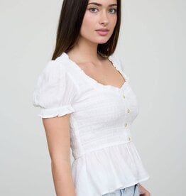 Miss Bliss Blu Smocked Puff Slv Ruffle Dtl Half Button Top-White