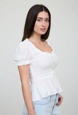 Miss Bliss Blu Smocked Puff Slv Ruffle Dtl Half Button Top-White