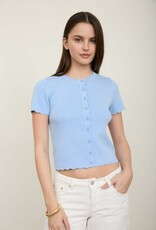 Miss Bliss Blu Scalloped Ss Button Down Knit Top-Dusty Blue