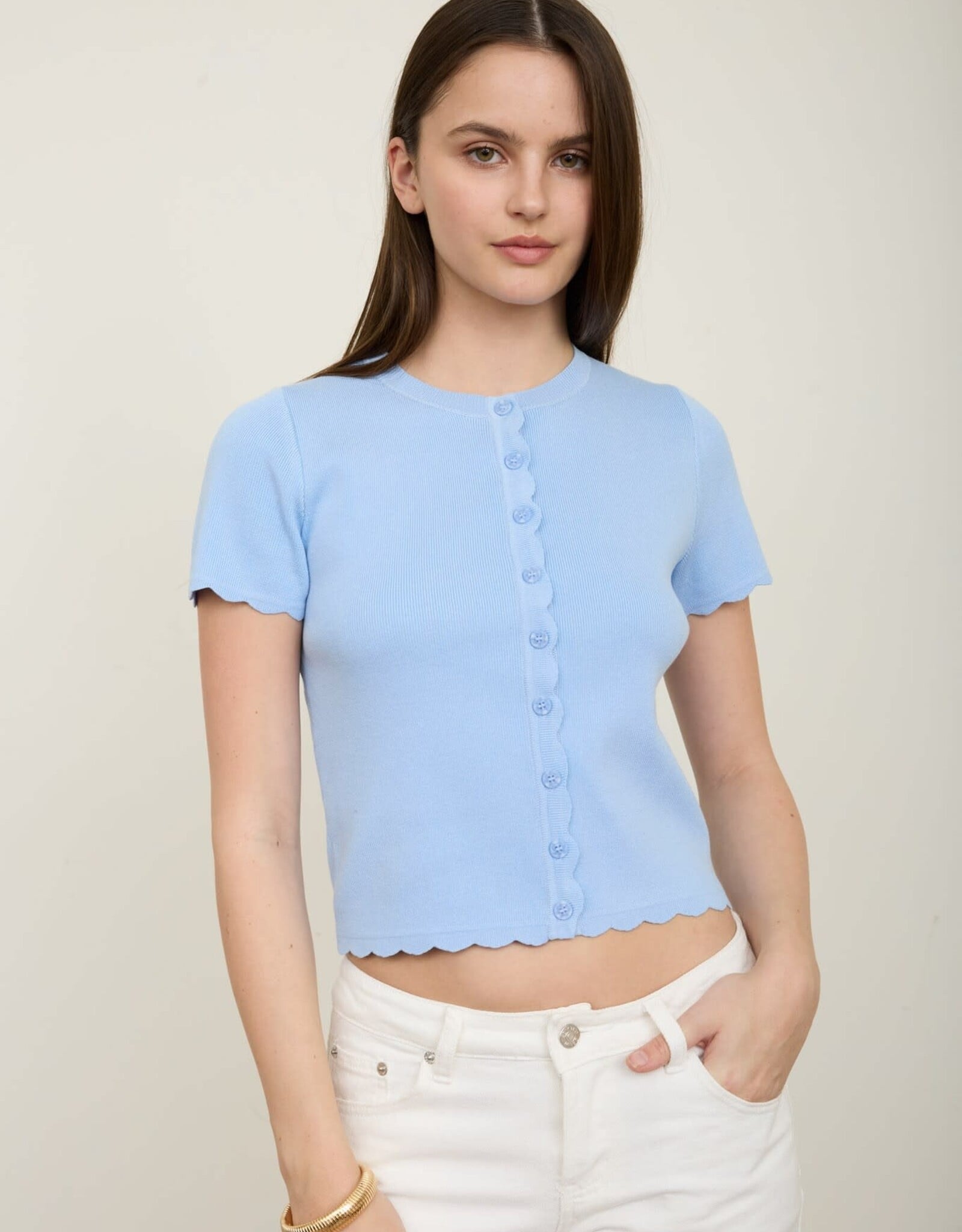 Miss Bliss Blu Scalloped Ss Button Down Knit Top-Dusty Blue
