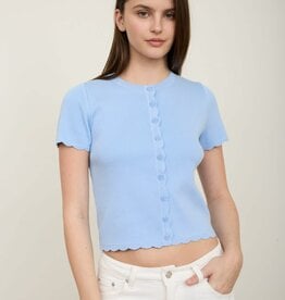 Miss Bliss Blu Scalloped Ss Button Down Knit Top-Dusty Blue