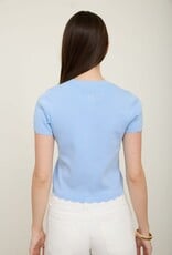 Miss Bliss Blu Scalloped Ss Button Down Knit Top-Dusty Blue