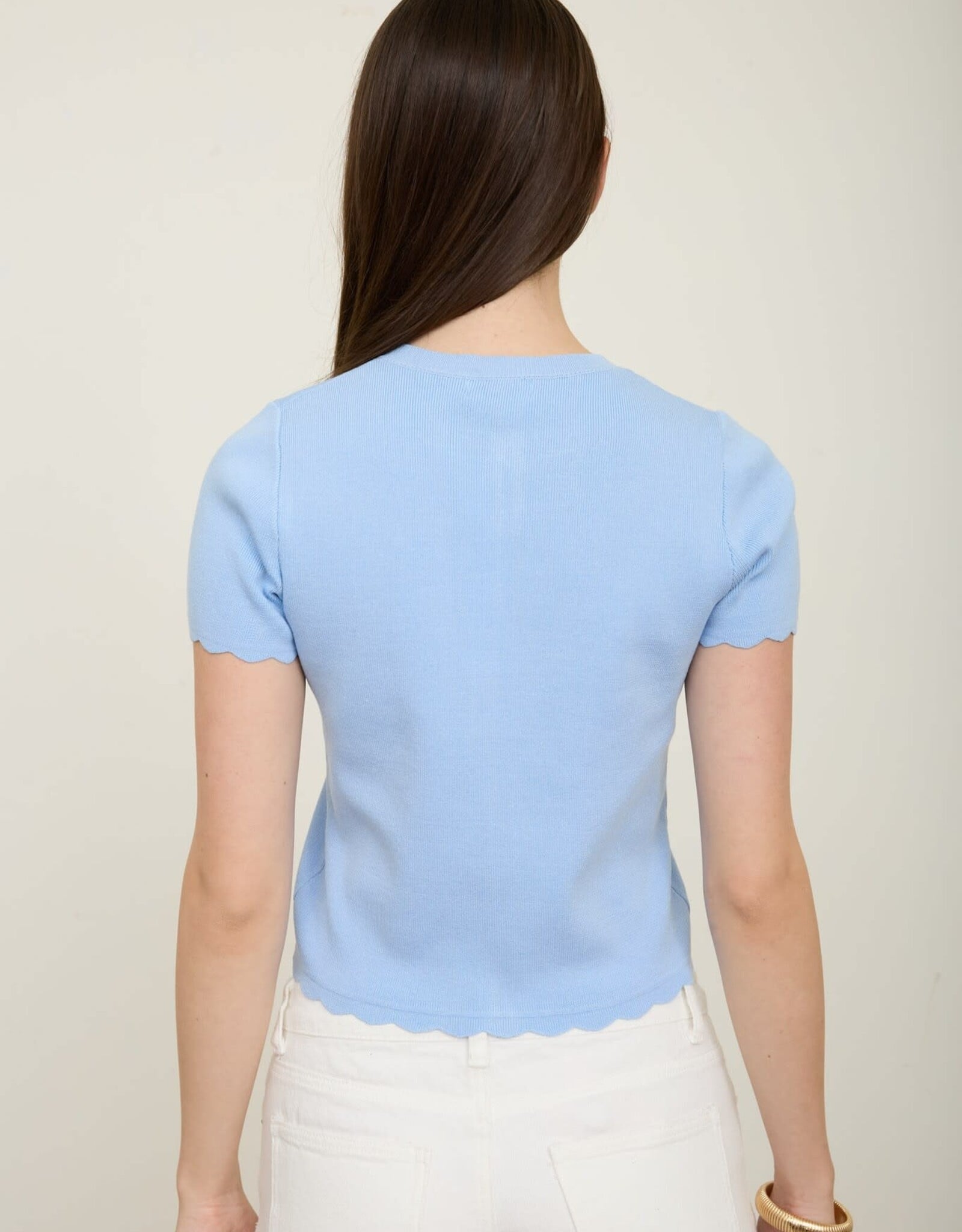 Miss Bliss Blu Scalloped Ss Button Down Knit Top-Dusty Blue