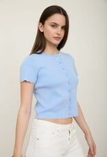 Miss Bliss Blu Scalloped Ss Button Down Knit Top-Dusty Blue