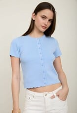 Miss Bliss Blu Scalloped Ss Button Down Knit Top-Dusty Blue