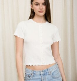 Miss Bliss Blu Scalloped Ss Button Down Knit Top-Ivory