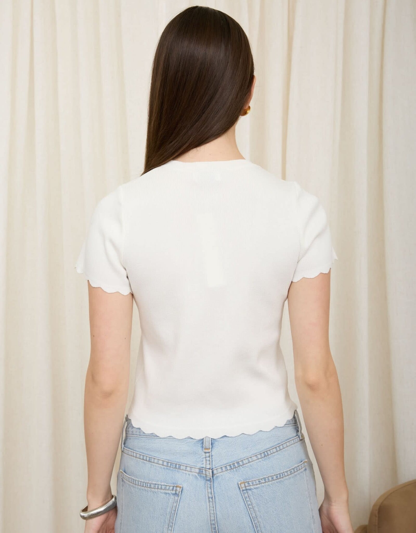 Miss Bliss Blu Scalloped Ss Button Down Knit Top-Ivory