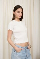 Miss Bliss Blu Scalloped Ss Button Down Knit Top-Ivory