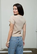 Miss Bliss Blu Scalloped Ss Button Down Knit Top-Khaki