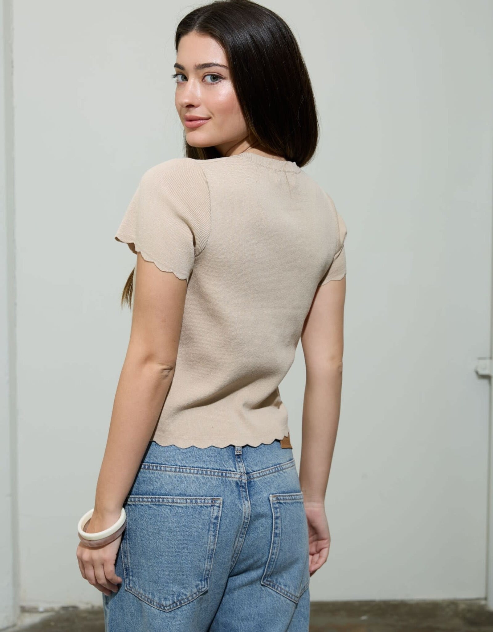 Miss Bliss Blu Scalloped Ss Button Down Knit Top-Khaki