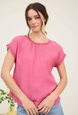 Miss Bliss M&E Lace Trim Back Bow Detail SS Blouse-Fuchsia