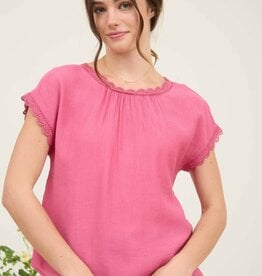 Miss Bliss M&E Lace Trim Back Bow Detail SS Blouse-Fuchsia
