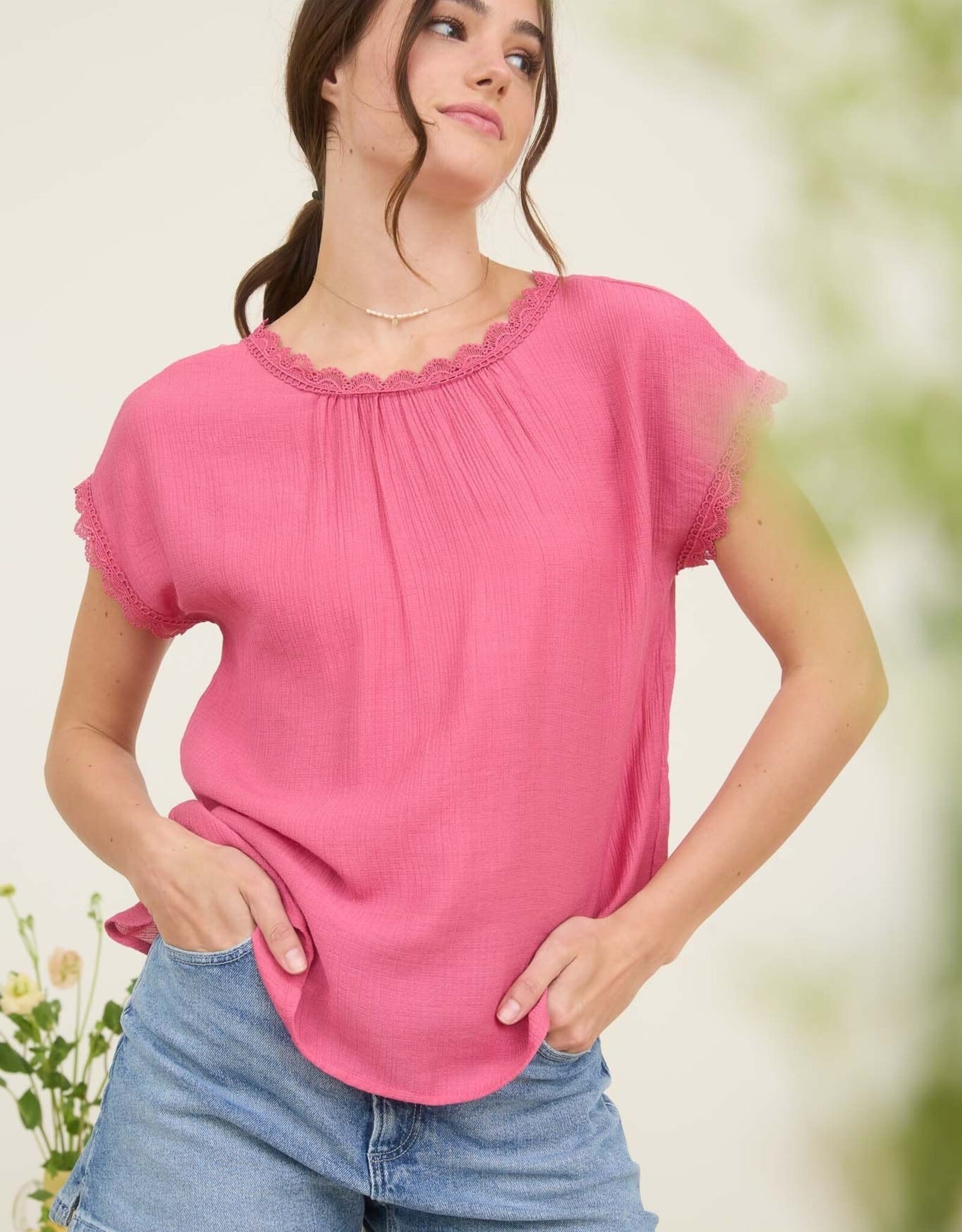 Miss Bliss M&E Lace Trim Back Bow Detail SS Blouse-Fuchsia