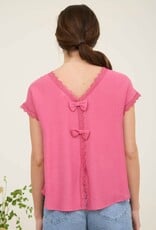 Miss Bliss M&E Lace Trim Back Bow Detail SS Blouse-Fuchsia