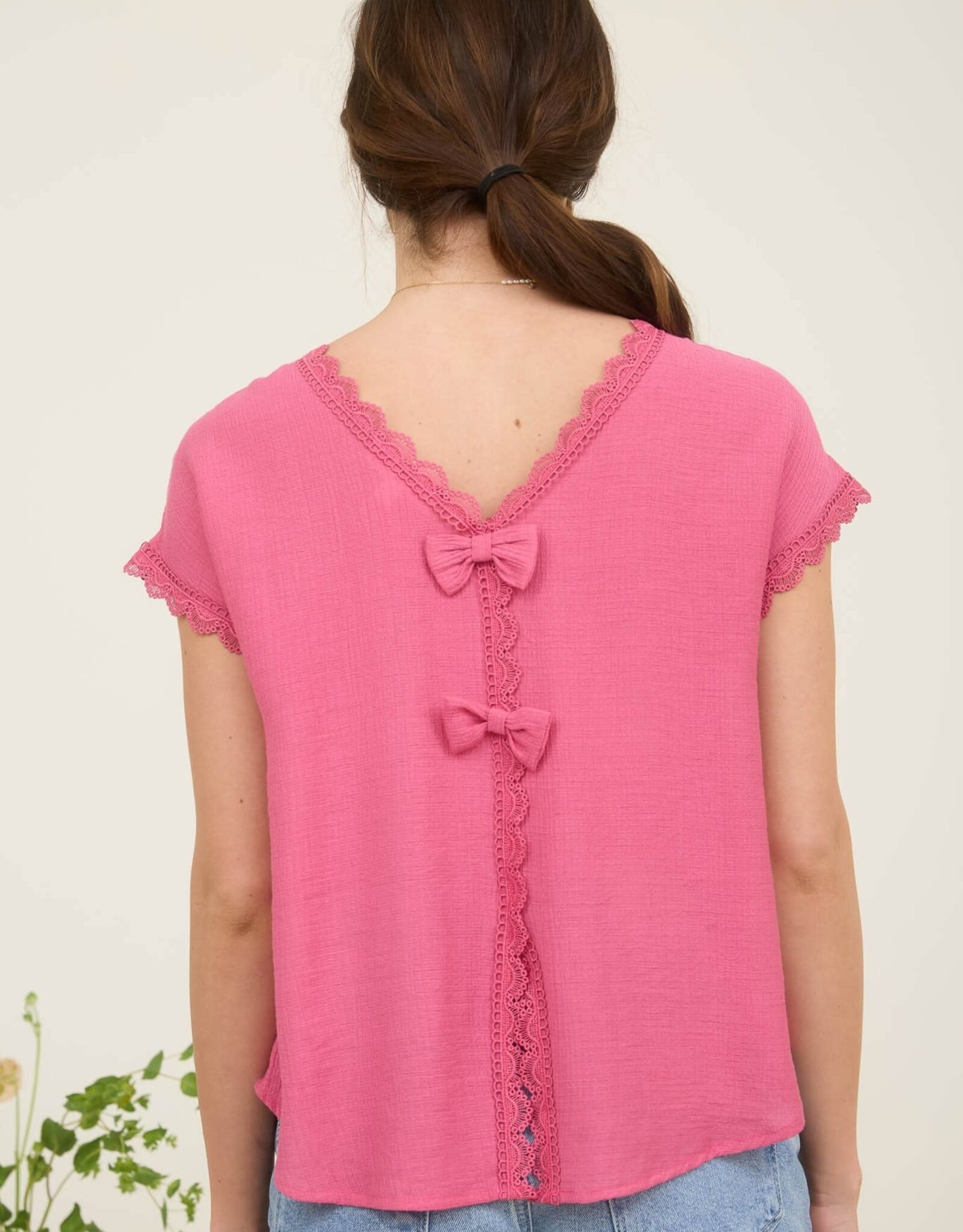 Miss Bliss M&E Lace Trim Back Bow Detail SS Blouse-Fuchsia