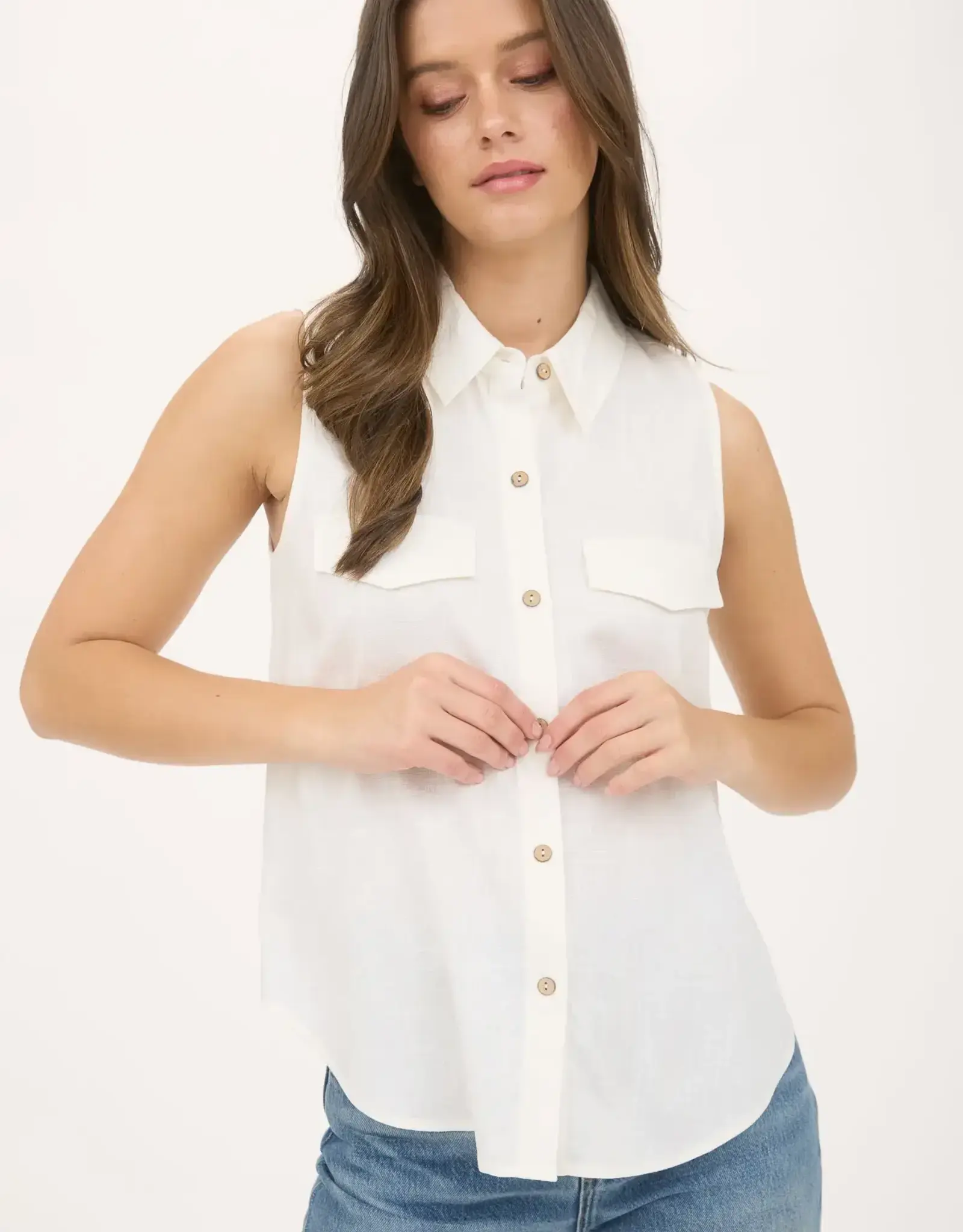 Miss Bliss M&E Collared Button Down Slvls Shirt-White