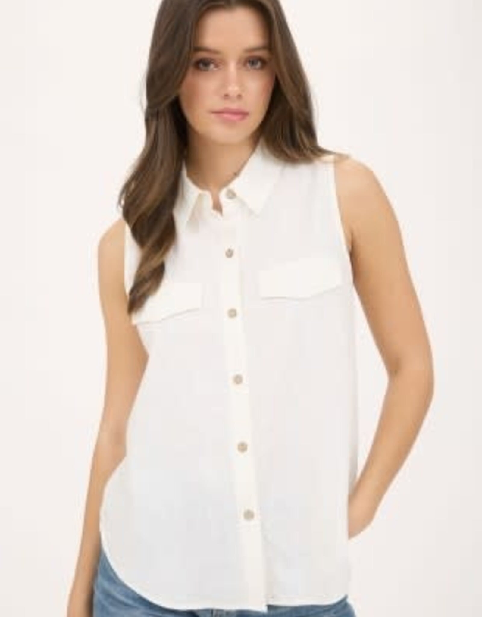 Miss Bliss M&E Collared Button Down Slvls Shirt-White