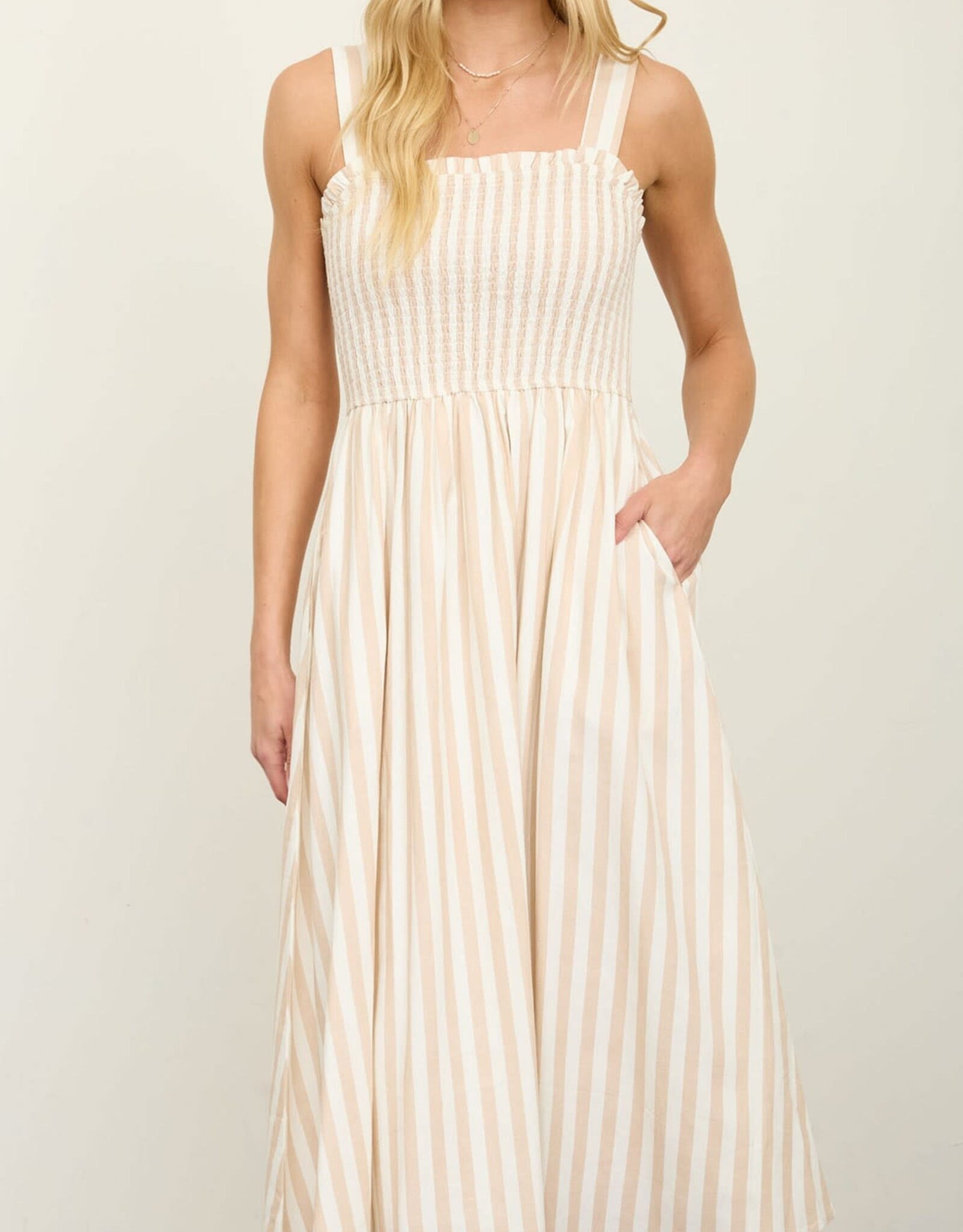 Miss Bliss M&E Nautical Stripe Spaghetti Strap Smocked Maxi Dress-Khaki