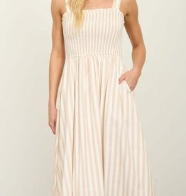 Miss Bliss M&E Nautical Stripe Spaghetti Strap Smocked Maxi Dress-Khaki