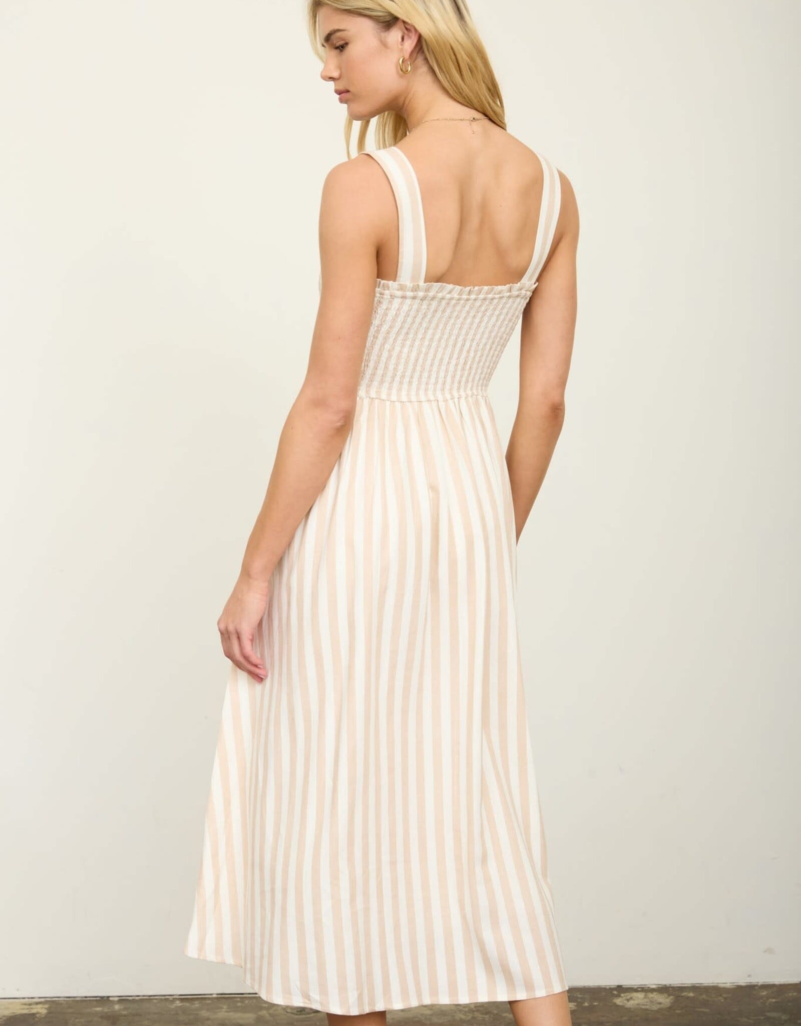 Miss Bliss M&E Nautical Stripe Spaghetti Strap Smocked Maxi Dress-Khaki