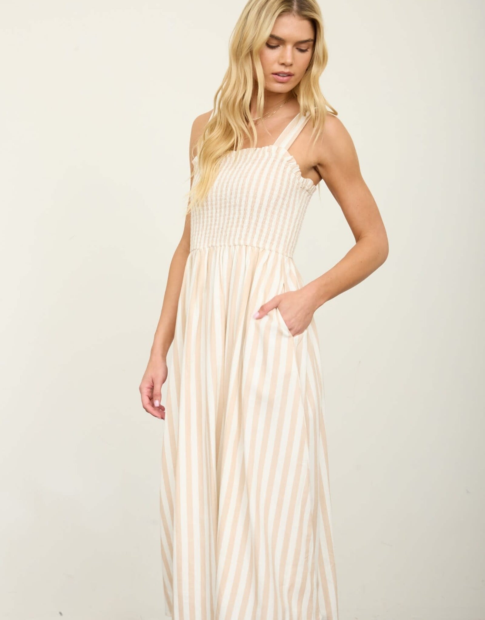 Miss Bliss M&E Nautical Stripe Spaghetti Strap Smocked Maxi Dress-Khaki