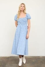 Miss Bliss M&E Floral Embroidery Smocked Denim Midi Dress-Chambray