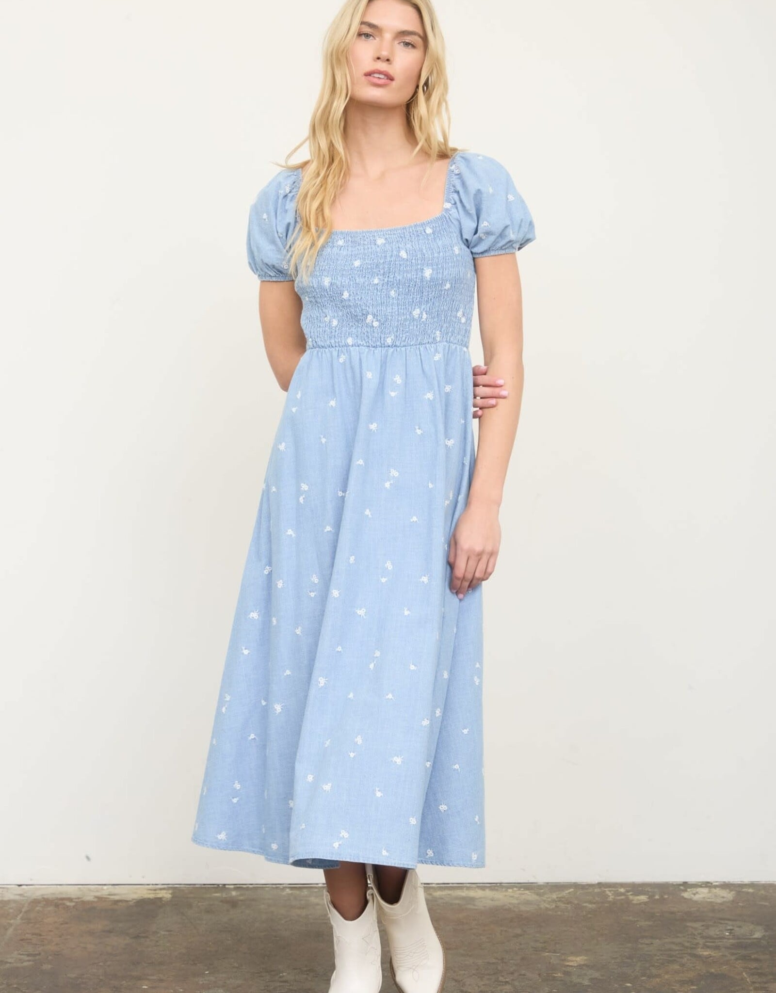 Miss Bliss M&E Floral Embroidery Smocked Denim Midi Dress-Chambray