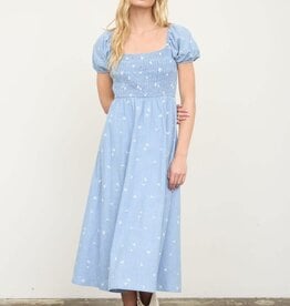 Miss Bliss M&E Floral Embroidery Smocked Denim Midi Dress-Chambray