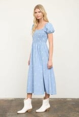 Miss Bliss M&E Floral Embroidery Smocked Denim Midi Dress-Chambray