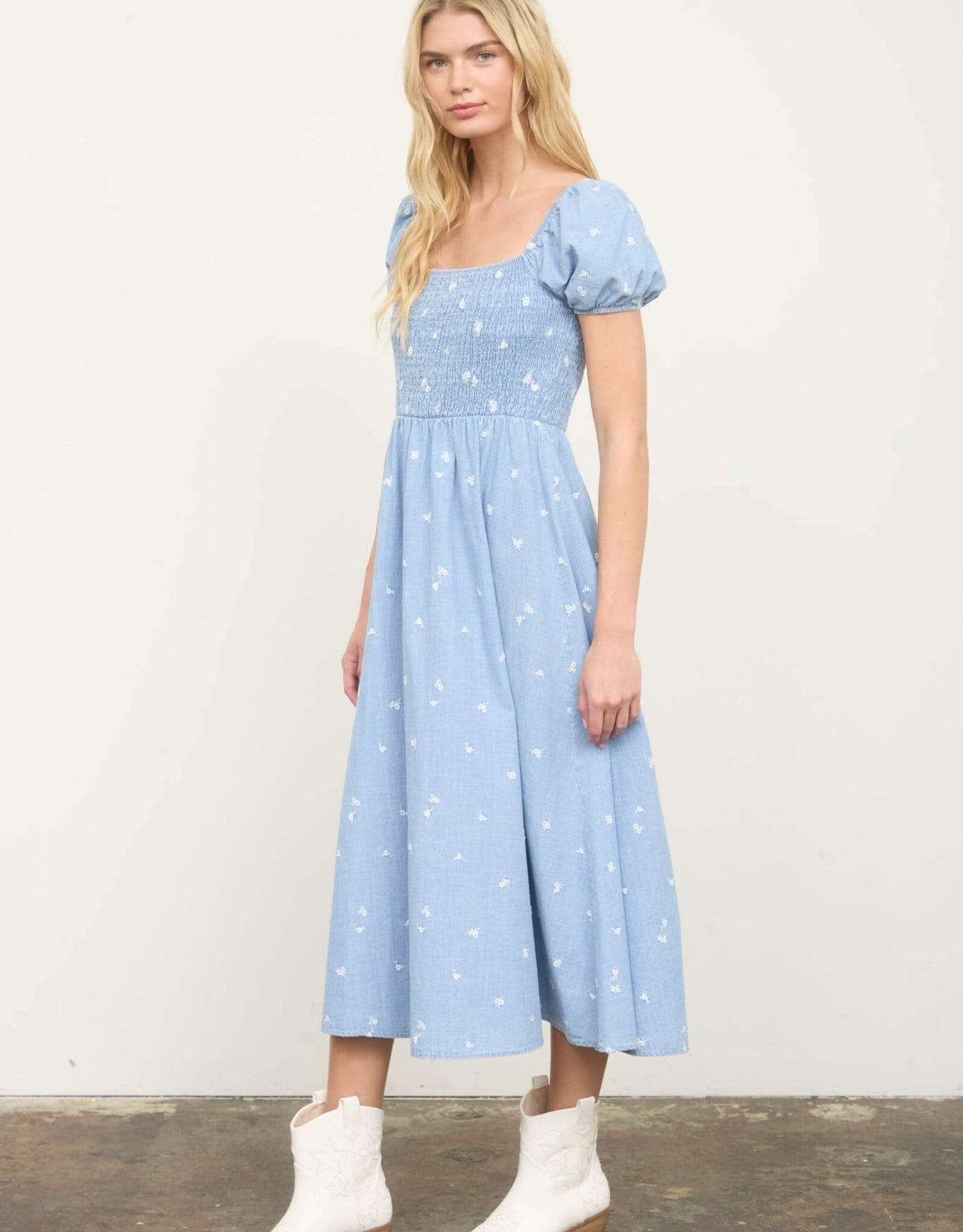 Miss Bliss M&E Floral Embroidery Smocked Denim Midi Dress-Chambray