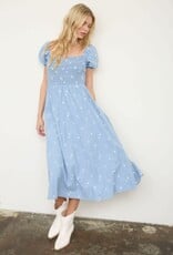 Miss Bliss M&E Floral Embroidery Smocked Denim Midi Dress-Chambray